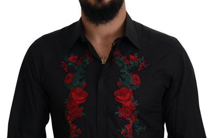 Chemise à manches longues dorée pour homme Dolce &amp; Gabbana, brodée de fleurs noires.