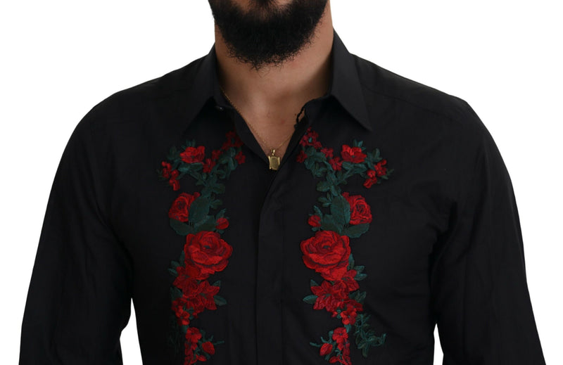 Chemise à manches longues dorée pour homme Dolce &amp; Gabbana, brodée de fleurs noires.