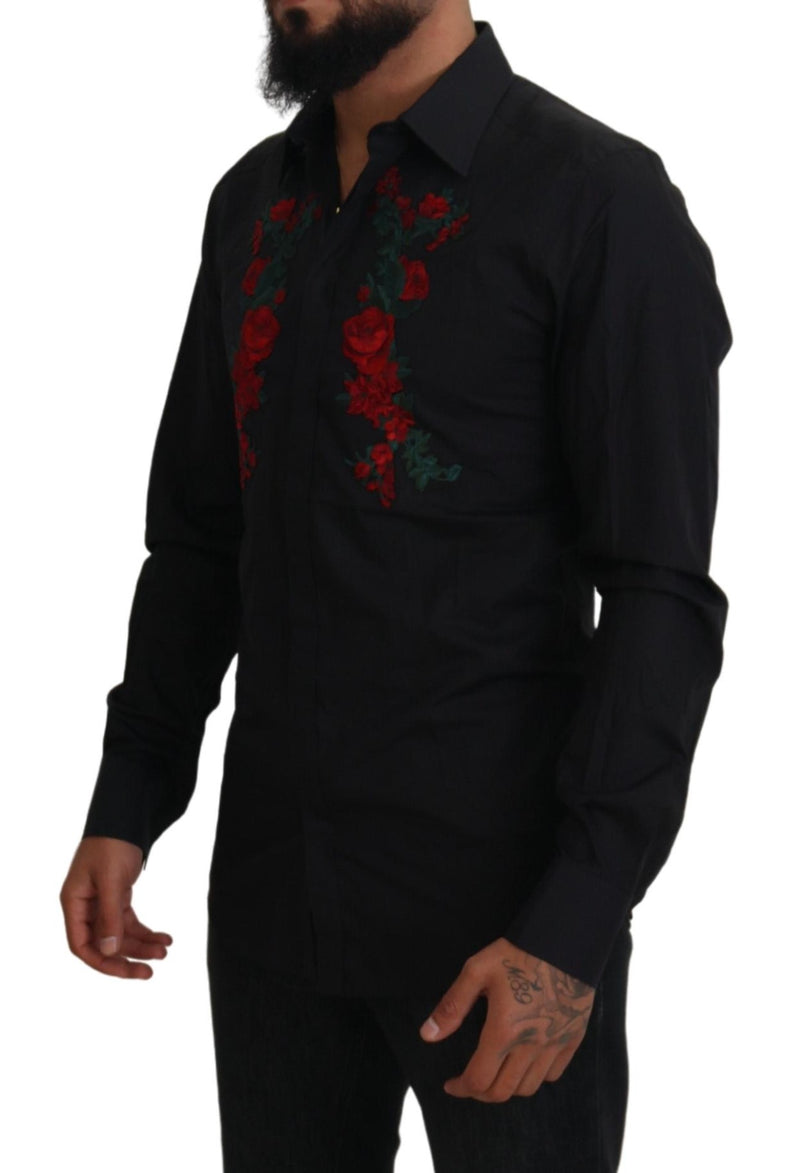 Chemise à manches longues dorée pour homme Dolce &amp; Gabbana, brodée de fleurs noires.