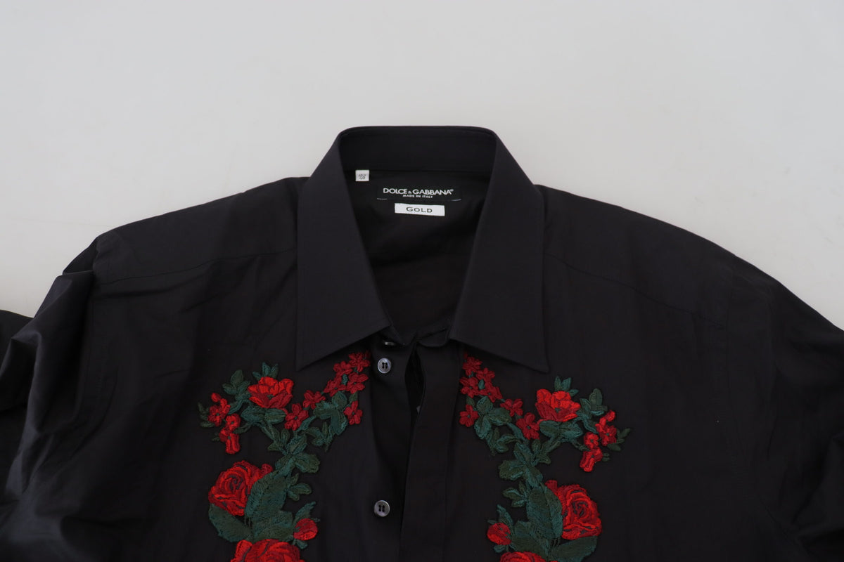 Chemise à manches longues dorée pour homme Dolce &amp; Gabbana, brodée de fleurs noires.