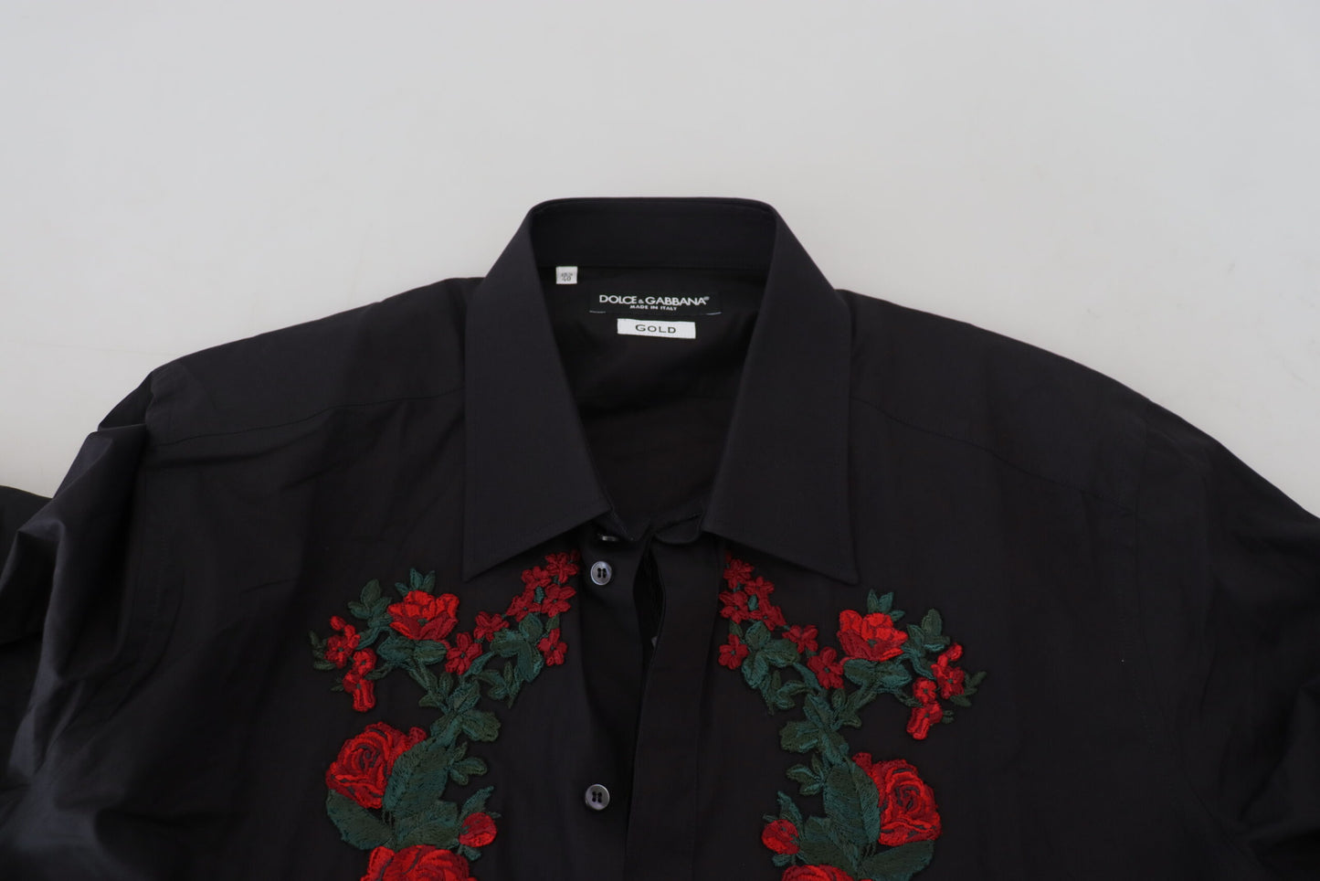 Chemise à manches longues dorée pour homme Dolce &amp; Gabbana, brodée de fleurs noires.