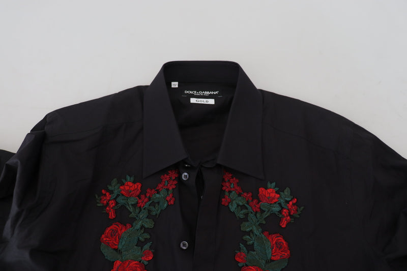 Chemise à manches longues dorée pour homme Dolce &amp; Gabbana, brodée de fleurs noires.