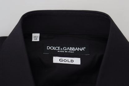 Chemise à manches longues dorée pour homme Dolce &amp; Gabbana, brodée de fleurs noires.