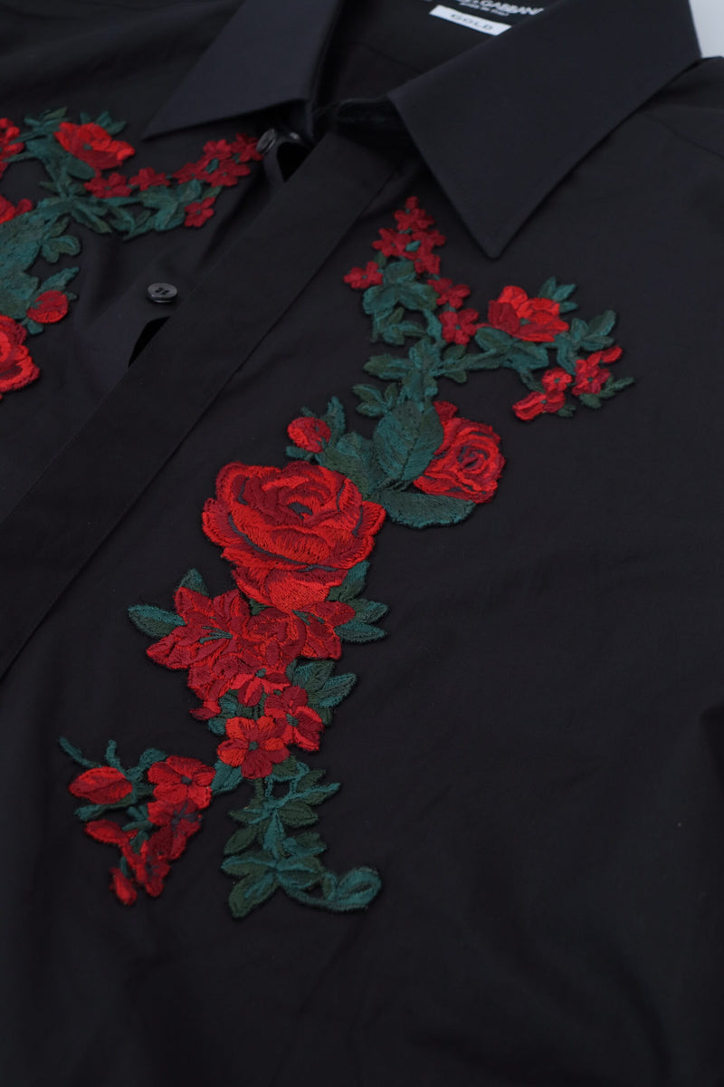 Chemise à manches longues dorée pour homme Dolce &amp; Gabbana, brodée de fleurs noires.