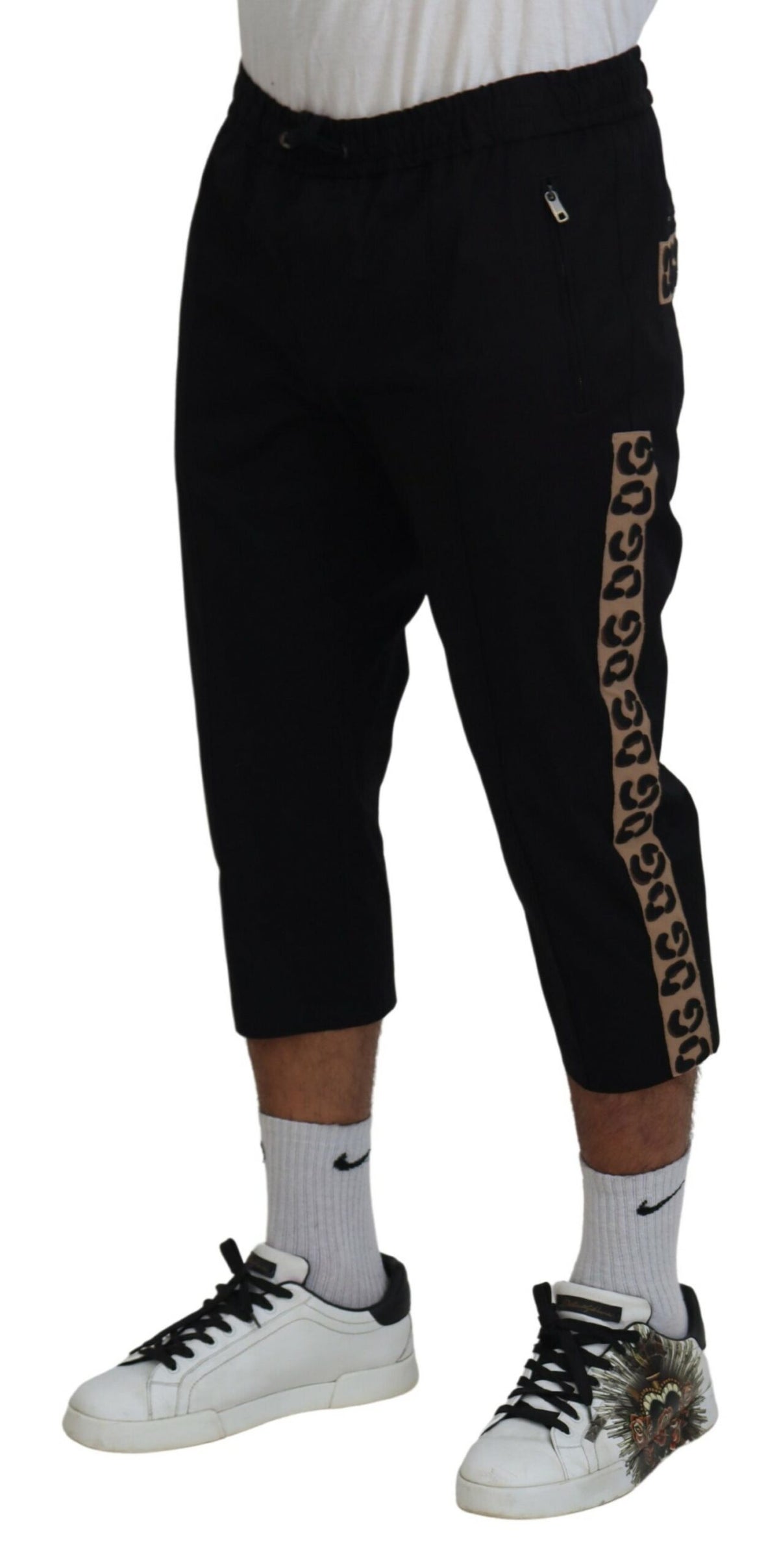 Pantalon court en coton noir à taille élastique avec logo DG de Dolce &amp; Gabbana