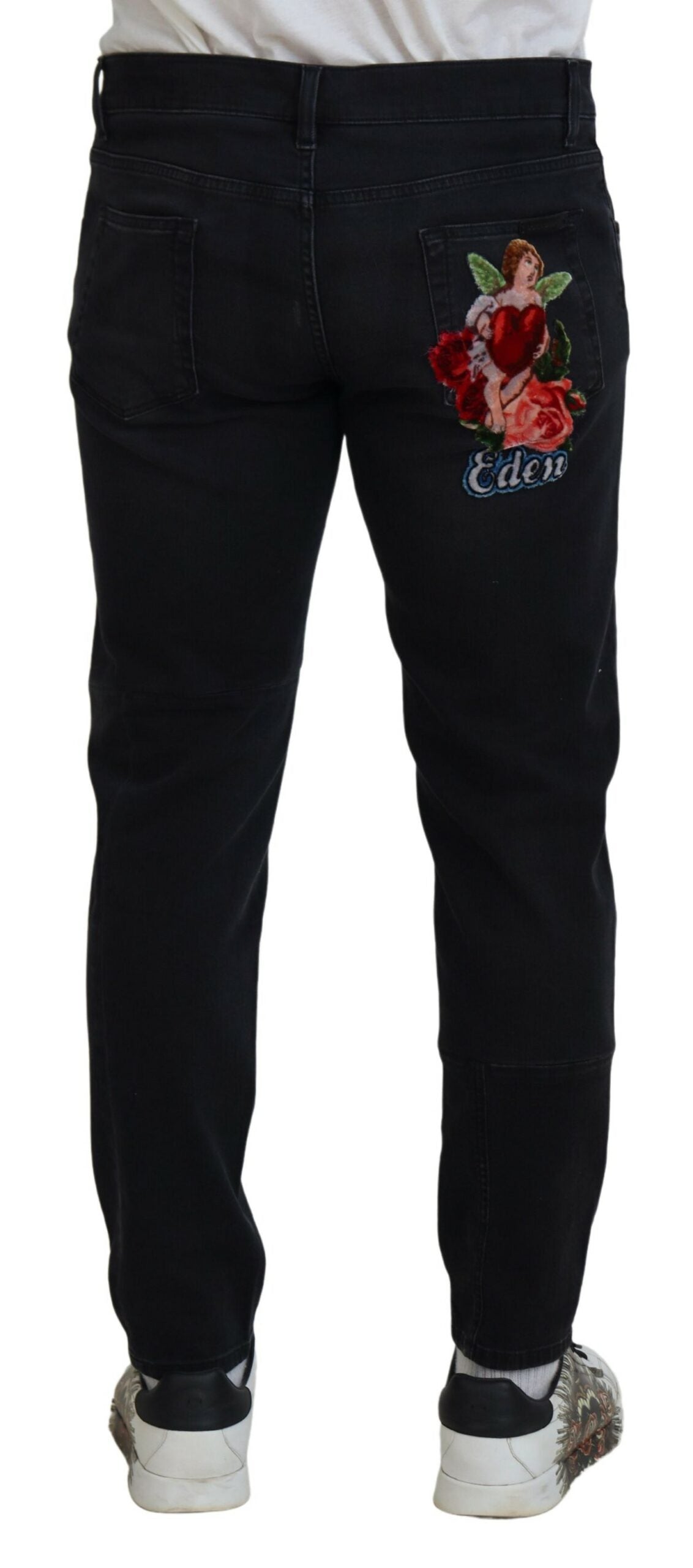Jeans skinny en jean noir brodés d'anges de Dolce &amp; Gabbana