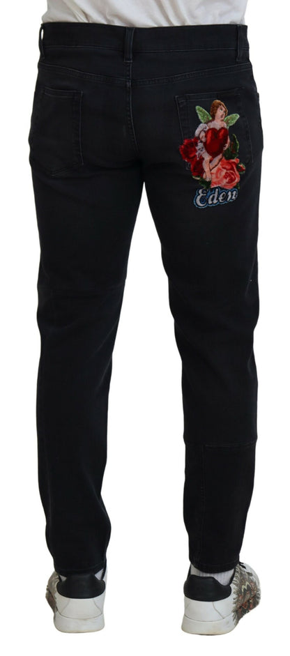 Jeans skinny en jean noir brodés d'anges de Dolce &amp; Gabbana