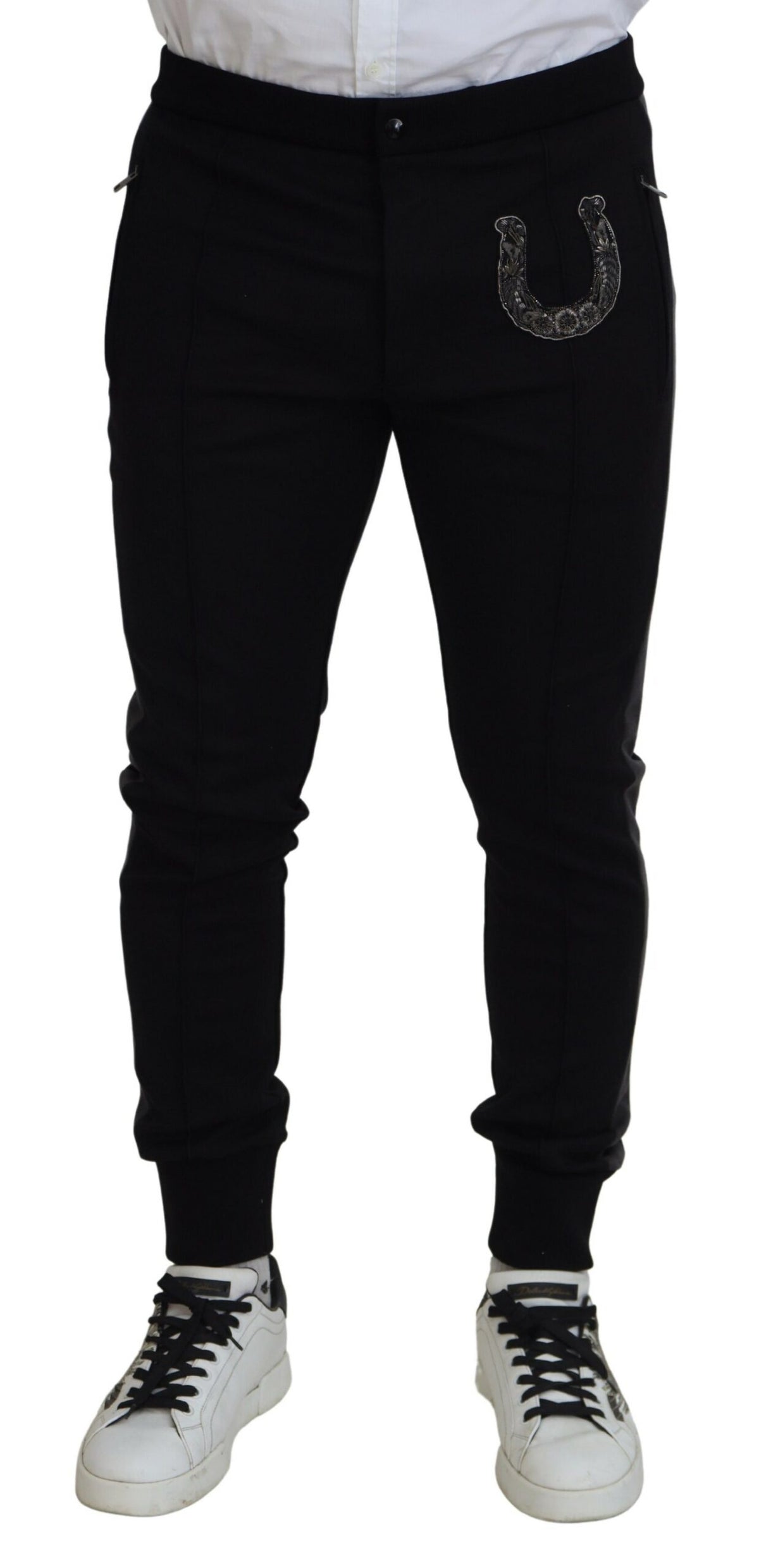 Pantalon de jogging en laine noire à motif fer à cheval de Dolce &amp; Gabbana