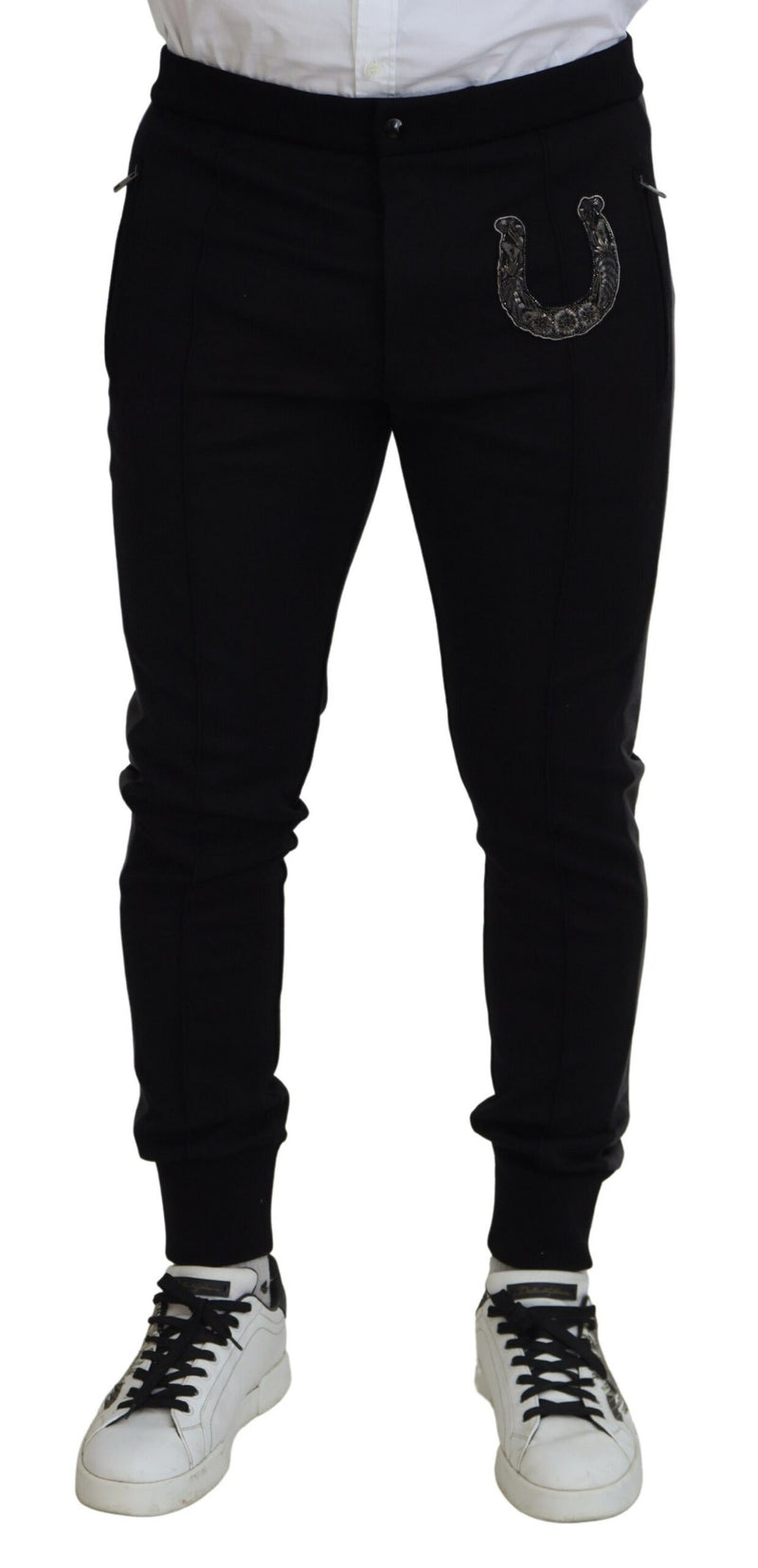 Pantalon de jogging en laine noire à motif fer à cheval de Dolce &amp; Gabbana