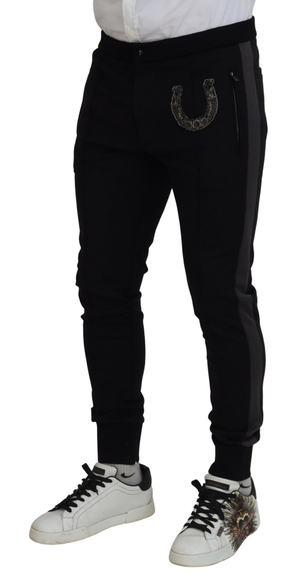 Pantalon de jogging en laine noire à motif fer à cheval de Dolce &amp; Gabbana