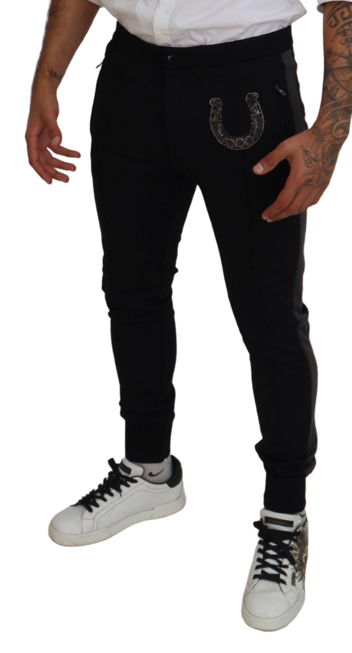 Pantalon de jogging en laine noire à motif fer à cheval de Dolce &amp; Gabbana