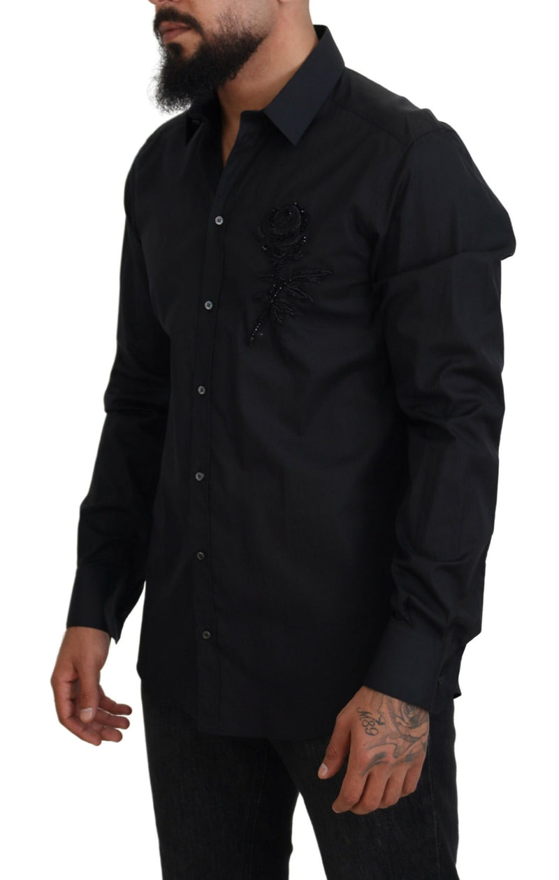 Chemise en coton à manches longues, coupe ajustée, avec imprimé roses noires de Dolce &amp; Gabbana.