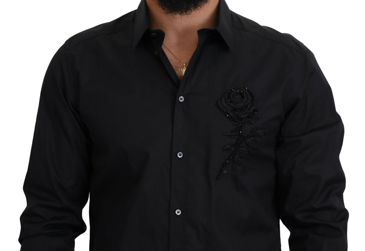 Chemise en coton à manches longues, coupe ajustée, avec imprimé roses noires de Dolce &amp; Gabbana.