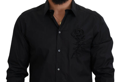 Dolce &amp; Gabbana wit overhemd met zwarte rozen, smalle pasvorm, katoen
