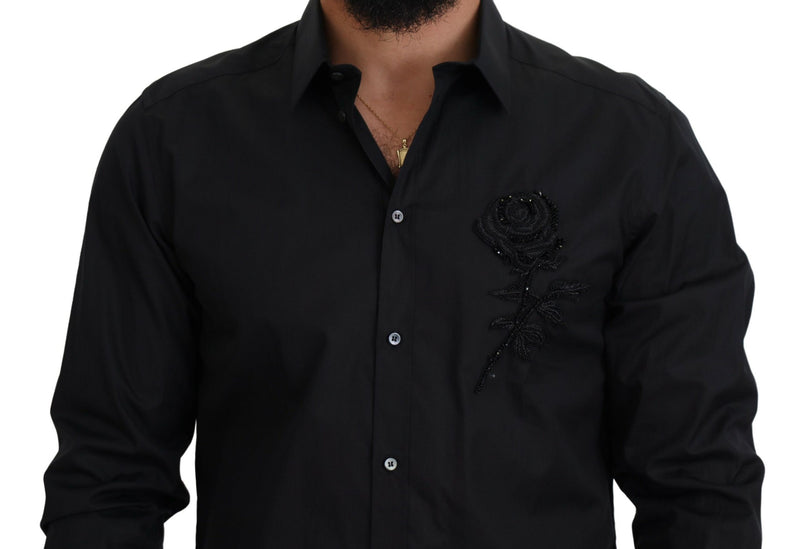 Chemise en coton à manches longues, coupe ajustée, avec imprimé roses noires de Dolce &amp; Gabbana.