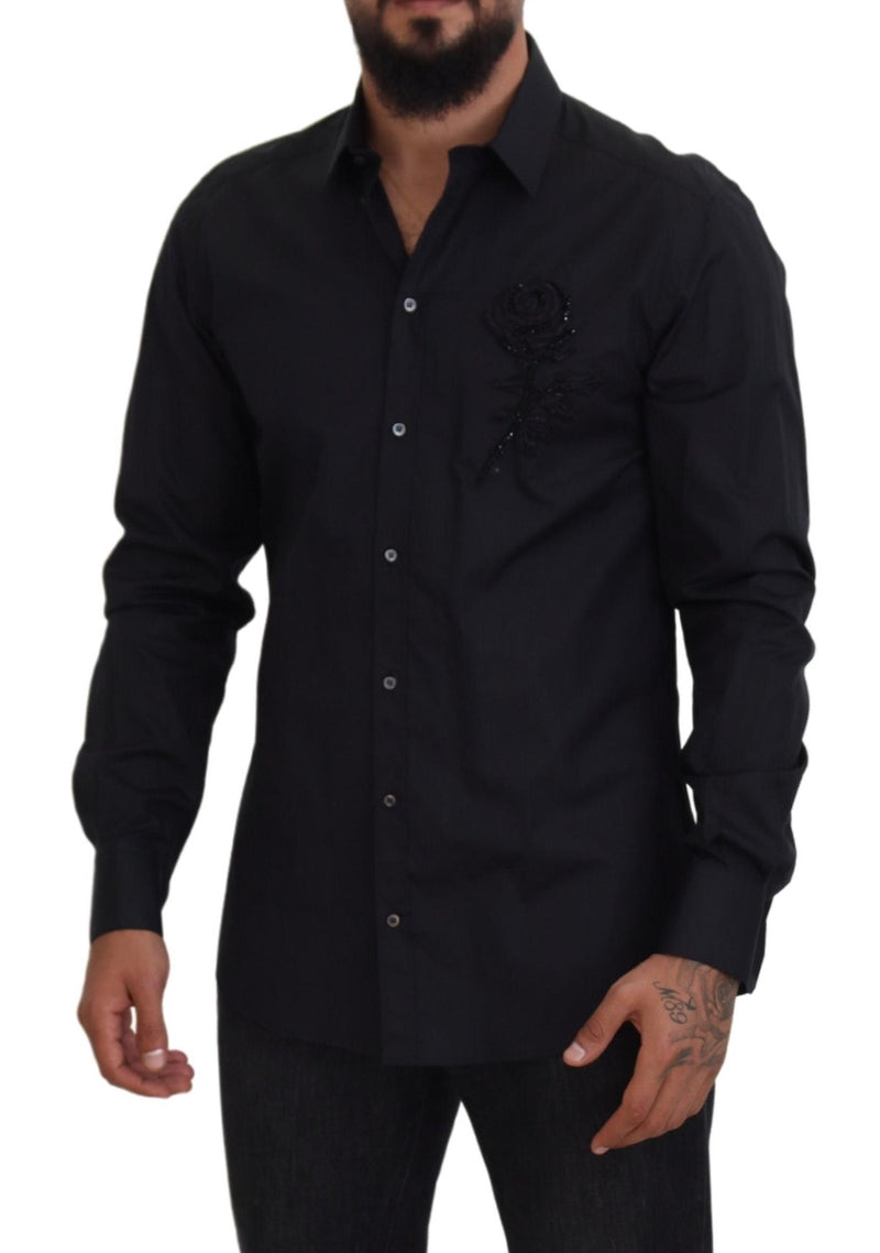 Chemise en coton à manches longues, coupe ajustée, avec imprimé roses noires de Dolce &amp; Gabbana.