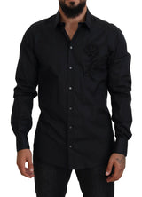 Chemise en coton à manches longues, coupe ajustée, avec imprimé roses noires de Dolce &amp; Gabbana.