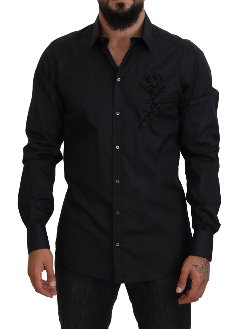 Chemise en coton à manches longues, coupe ajustée, avec imprimé roses noires de Dolce &amp; Gabbana.