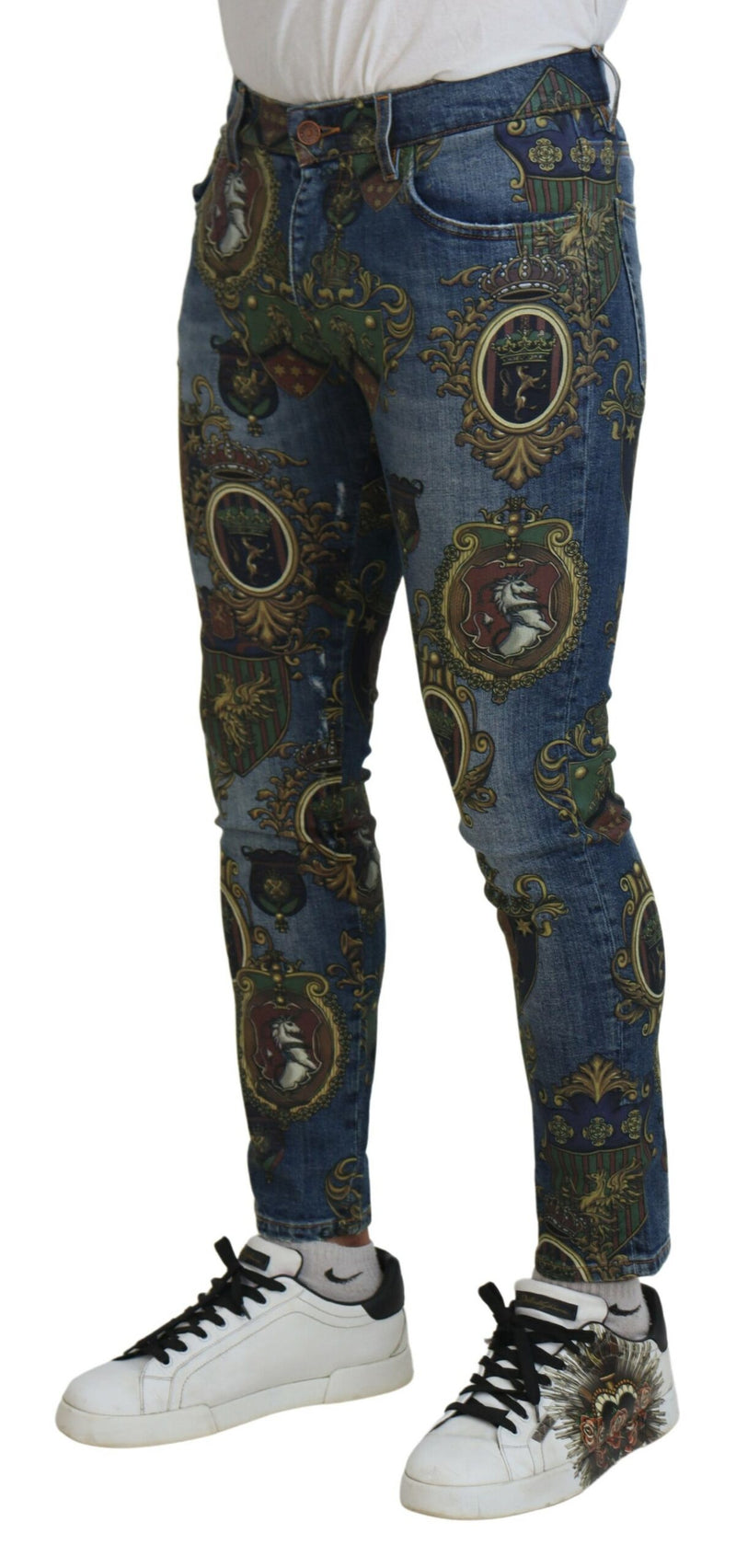 Dolce &amp; Gabbana Blauwe Medaille Print Slim Fit Katoenen Jeans
