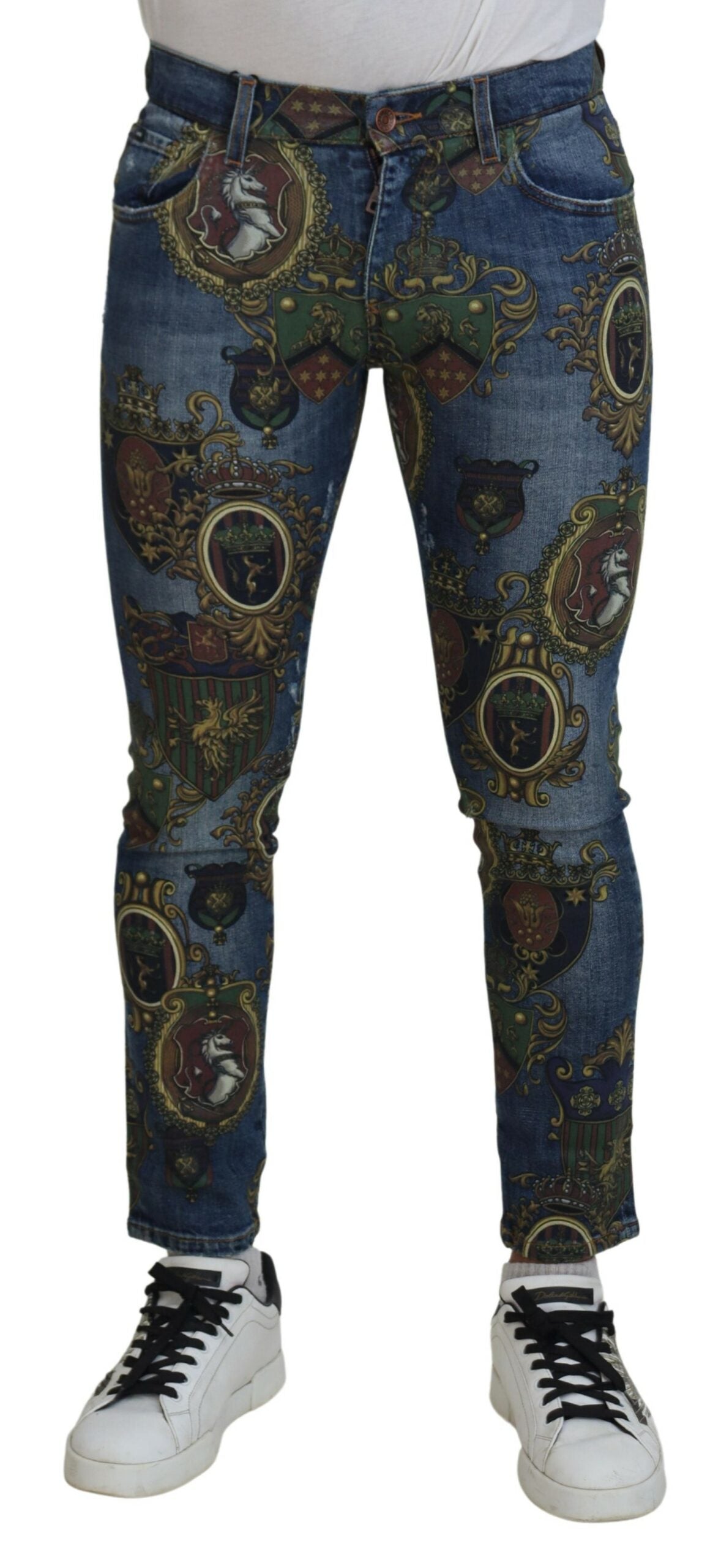 Jeans en coton slim à imprimé médaille bleu de Dolce &amp; Gabbana