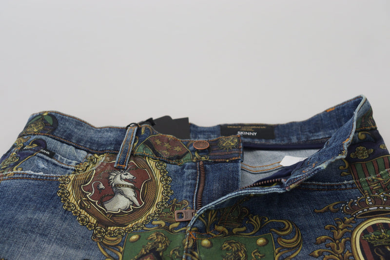Dolce &amp; Gabbana Blauwe Medaille Print Slim Fit Katoenen Jeans