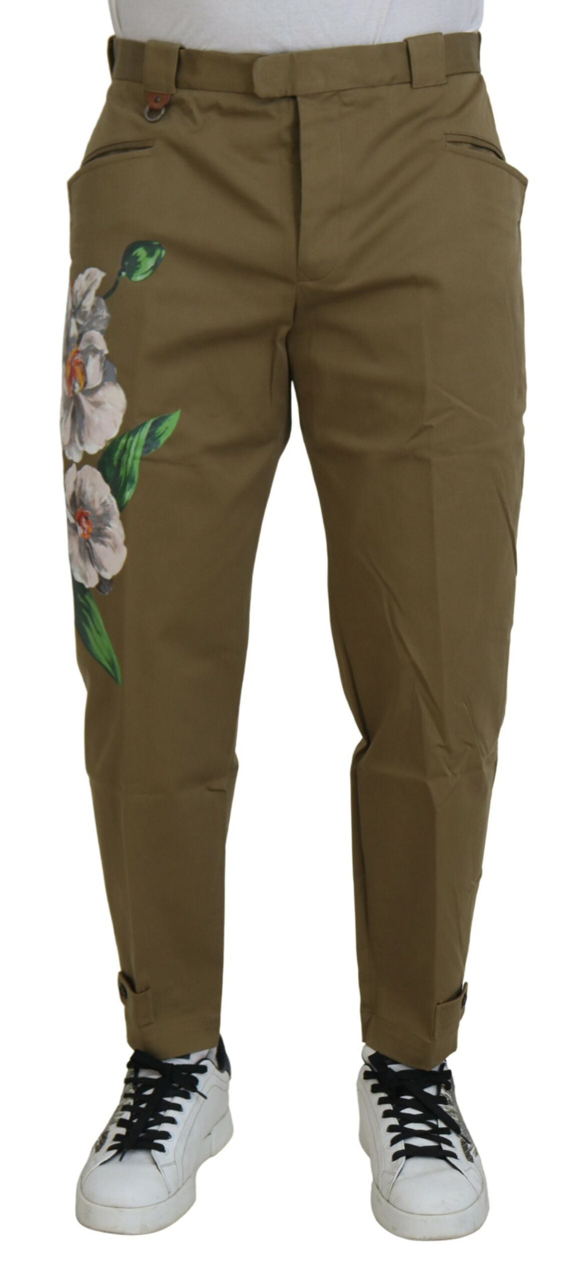Pantalon chino en coton extensible beige à motifs floraux de Dolce &amp; Gabbana