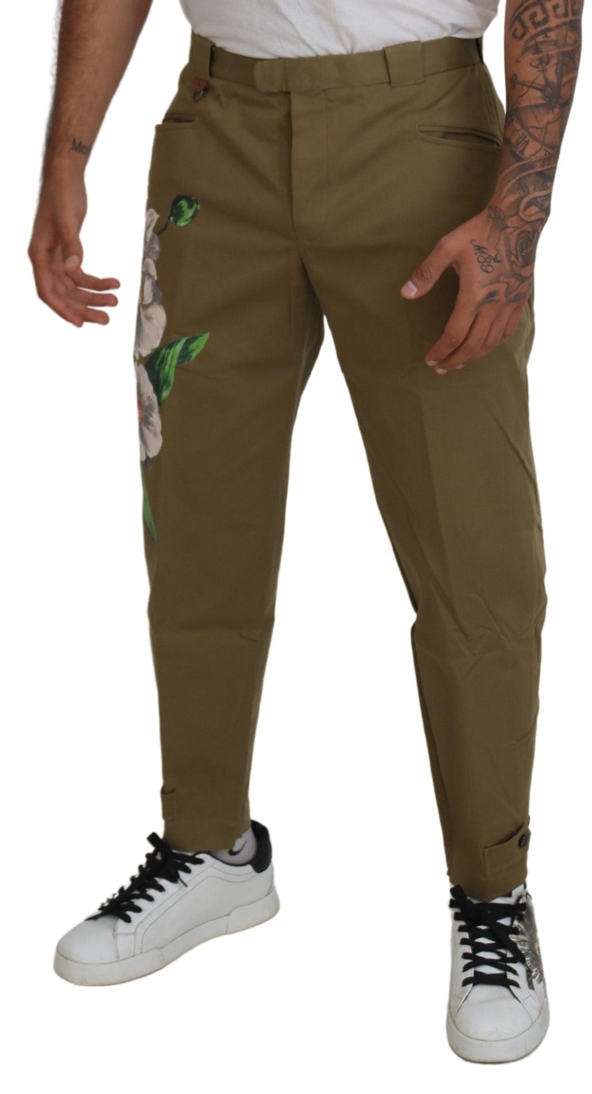 Pantalon chino en coton extensible beige à motifs floraux de Dolce &amp; Gabbana