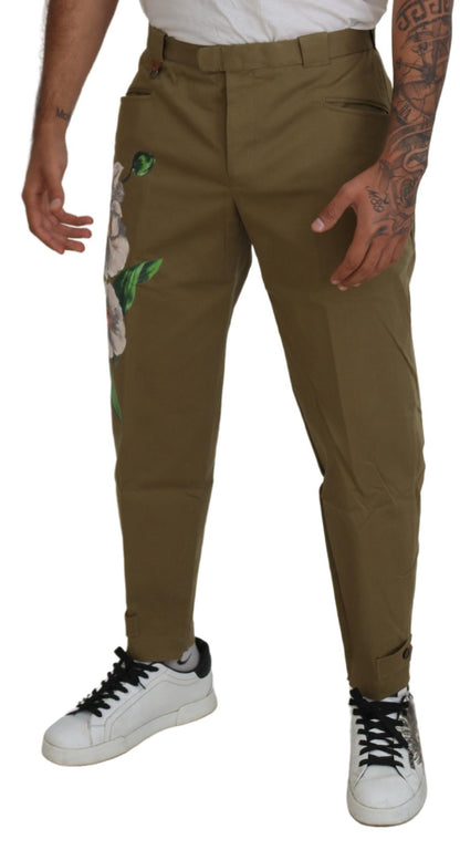 Pantalon chino en coton extensible beige à motifs floraux de Dolce &amp; Gabbana