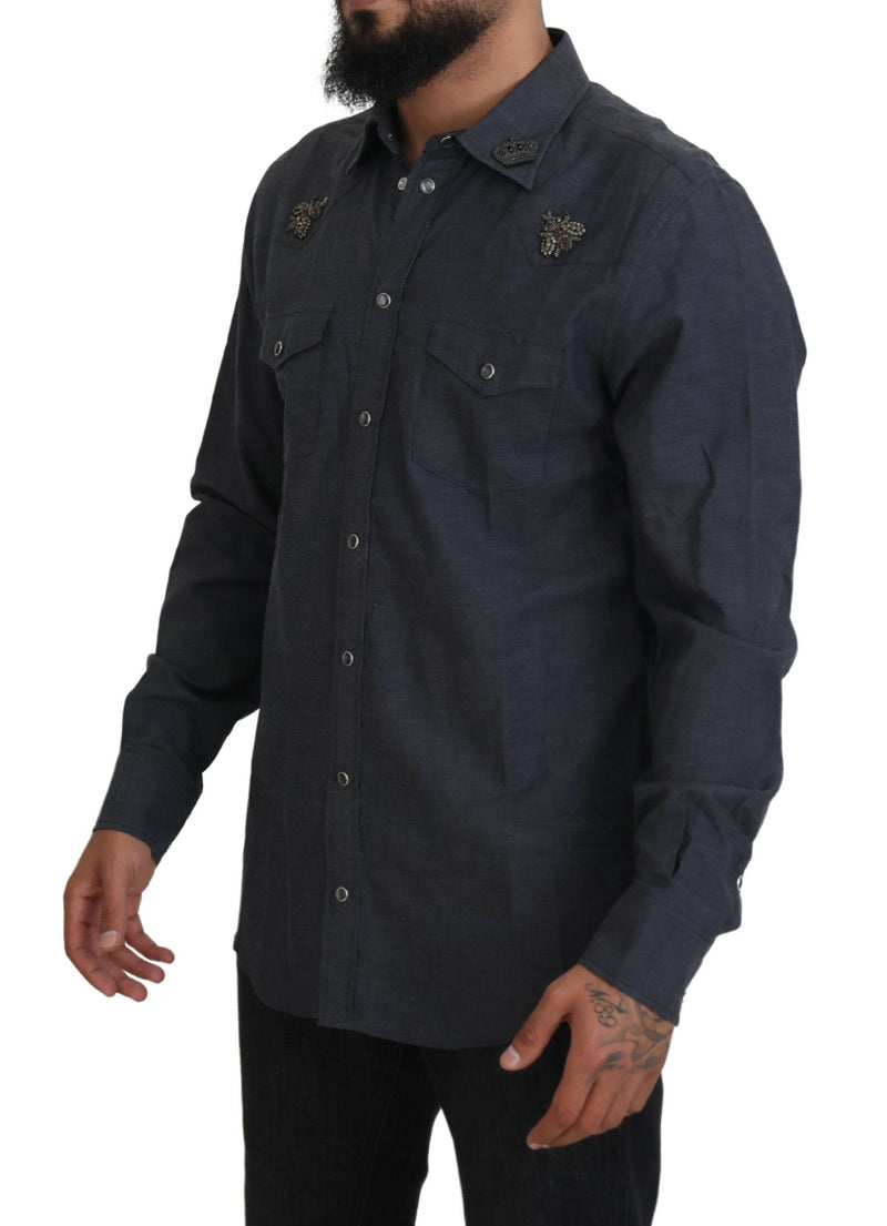 Dolce &amp; Gabbana blauw katoenen denim overhemd met kristallen en bijen