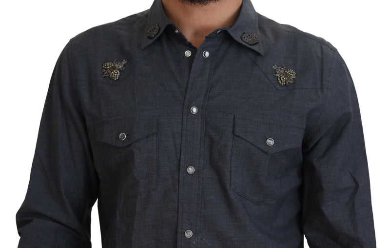 Dolce &amp; Gabbana blauw katoenen denim overhemd met kristallen en bijen