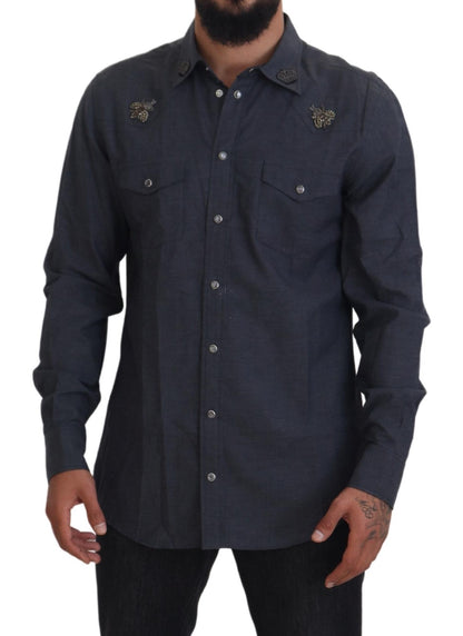 Dolce &amp; Gabbana blauw katoenen denim overhemd met kristallen en bijen