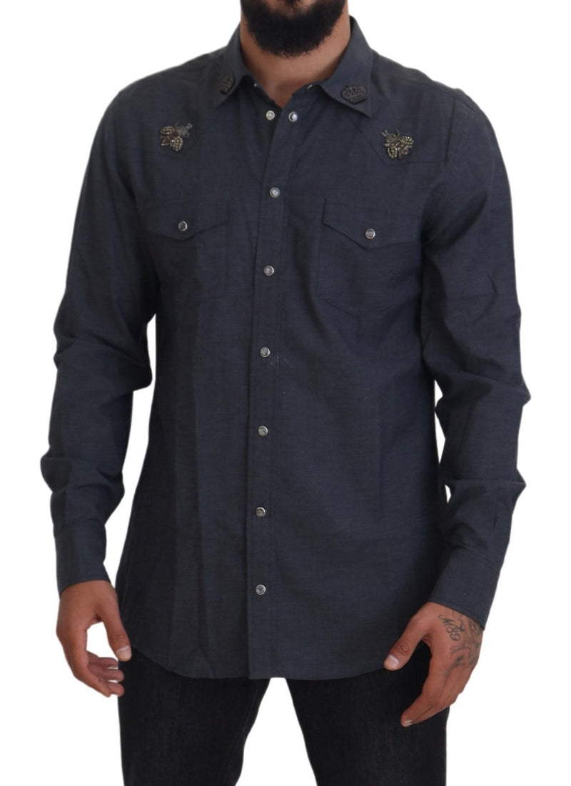 Dolce &amp; Gabbana blauw katoenen denim overhemd met kristallen en bijen