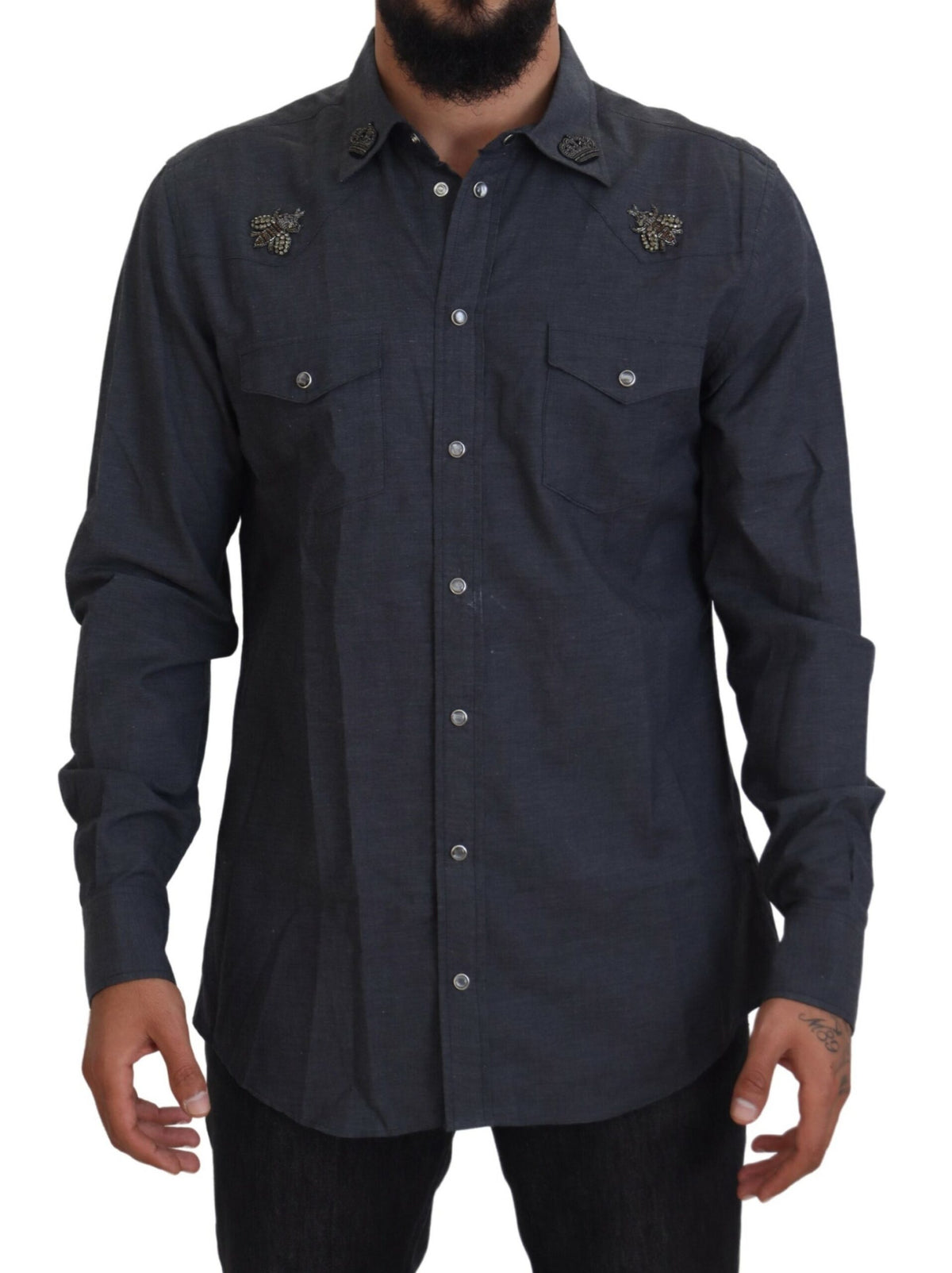 Chemise en jean bleu coton avec abeille en cristal de Dolce &amp; Gabbana