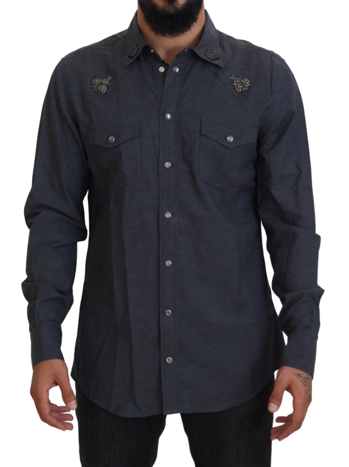 Dolce &amp; Gabbana blauw katoenen denim overhemd met kristallen en bijen