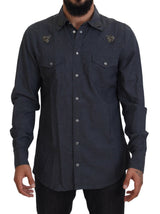 Chemise en jean bleu coton avec abeille en cristal de Dolce &amp; Gabbana