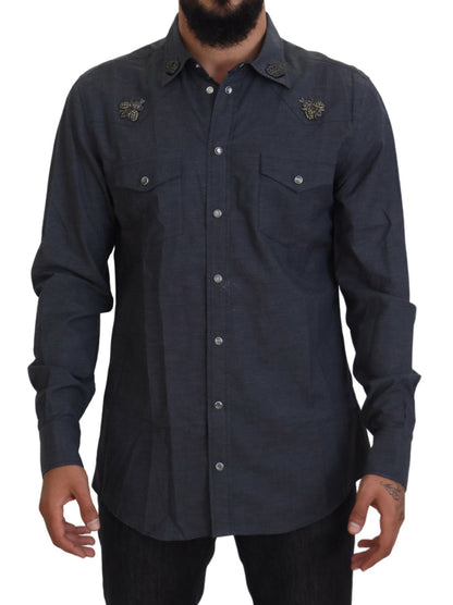 Dolce &amp; Gabbana blauw katoenen denim overhemd met kristallen en bijen