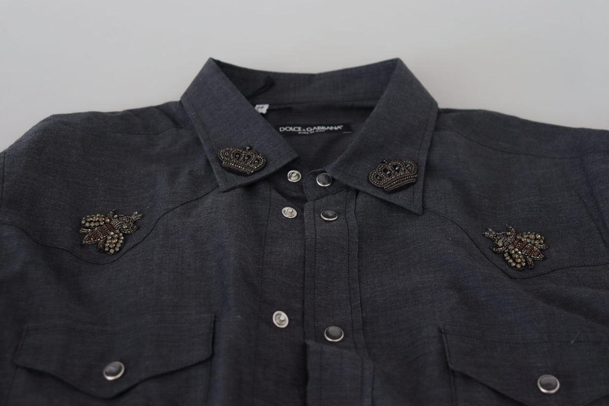 Chemise en jean bleu coton avec abeille en cristal de Dolce &amp; Gabbana