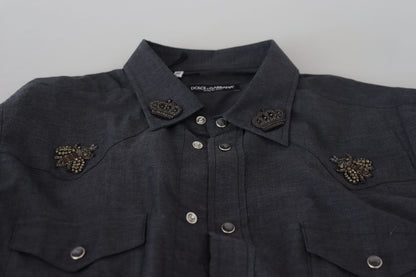 Dolce &amp; Gabbana blauw katoenen denim overhemd met kristallen en bijen