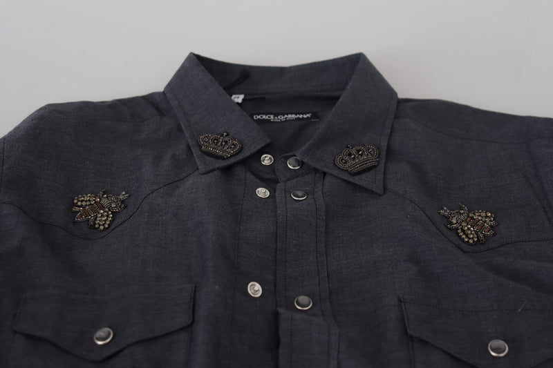 Dolce &amp; Gabbana blauw katoenen denim overhemd met kristallen en bijen