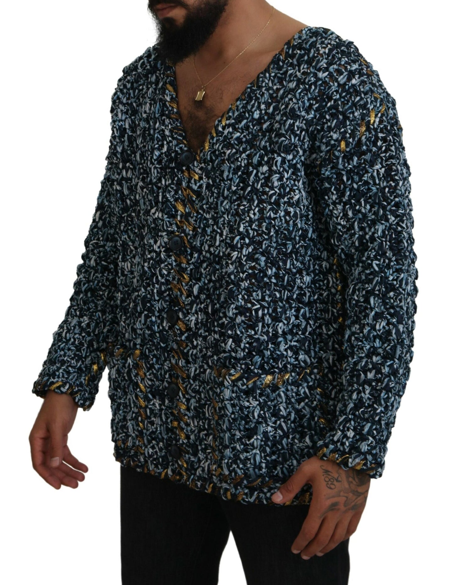 Pull en cardigan bleu à boutons Dolce &amp; Gabbana, fait à la main.