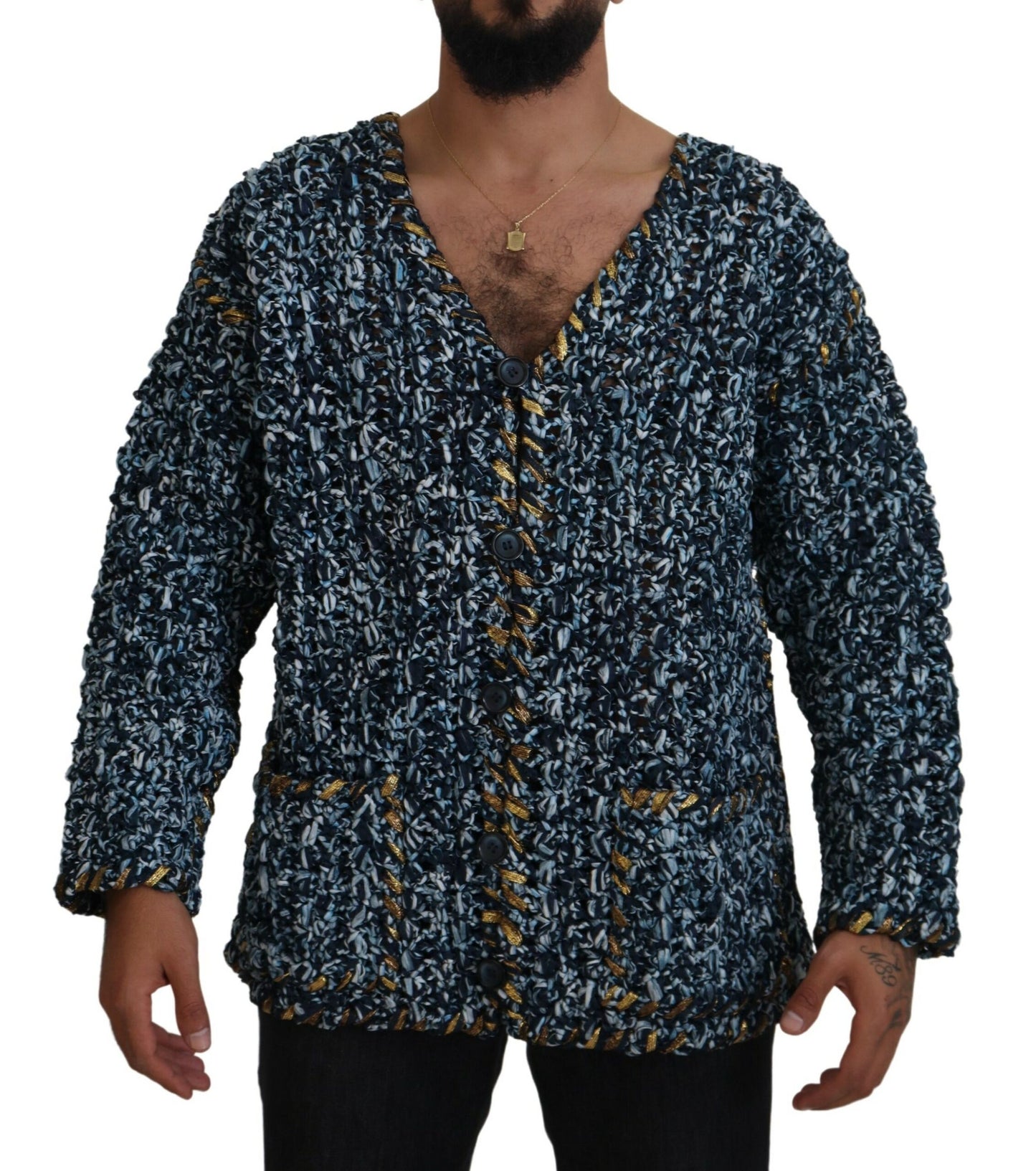 Pull en cardigan bleu à boutons Dolce &amp; Gabbana, fait à la main.