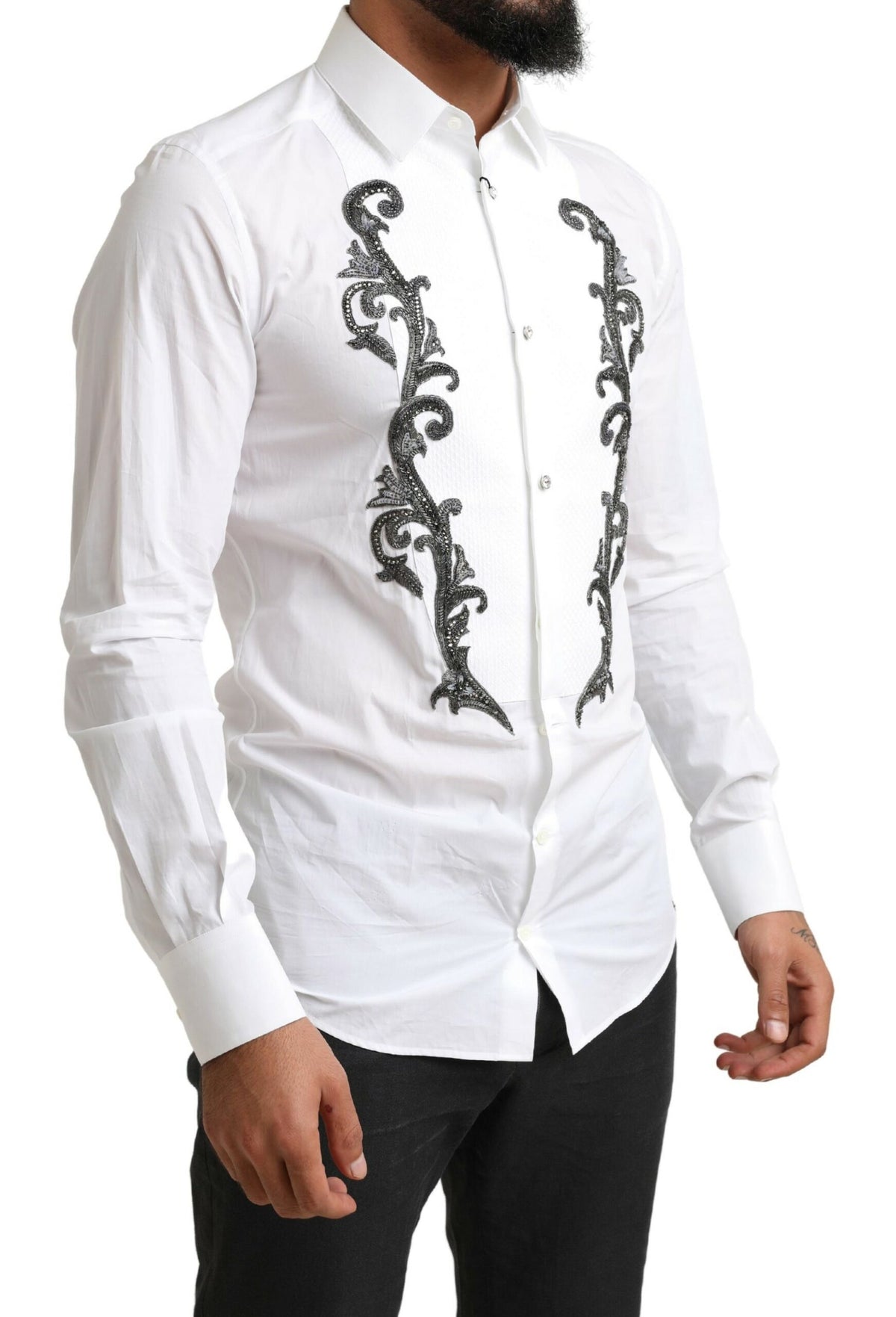 Chemise blanche à manches longues, coupe ajustée, style baroque, de Dolce &amp; Gabbana.