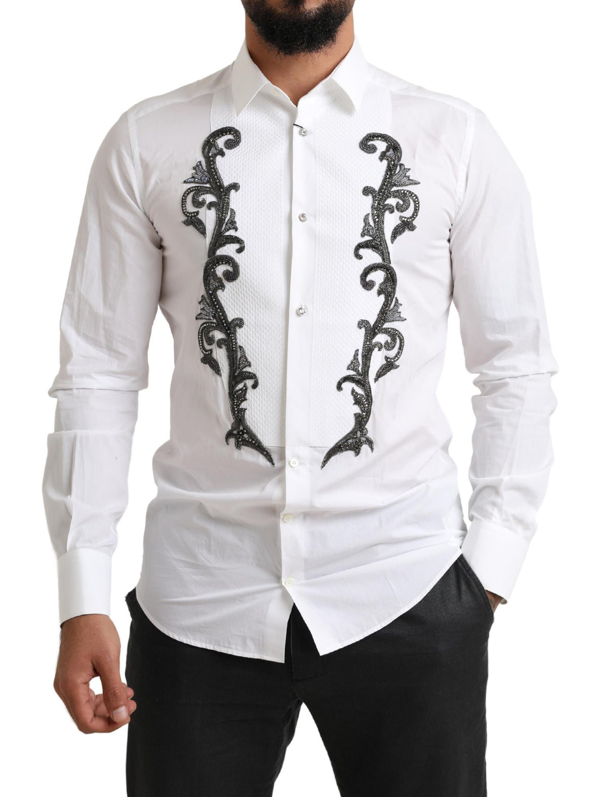 Chemise blanche à manches longues, coupe ajustée, style baroque, de Dolce &amp; Gabbana.