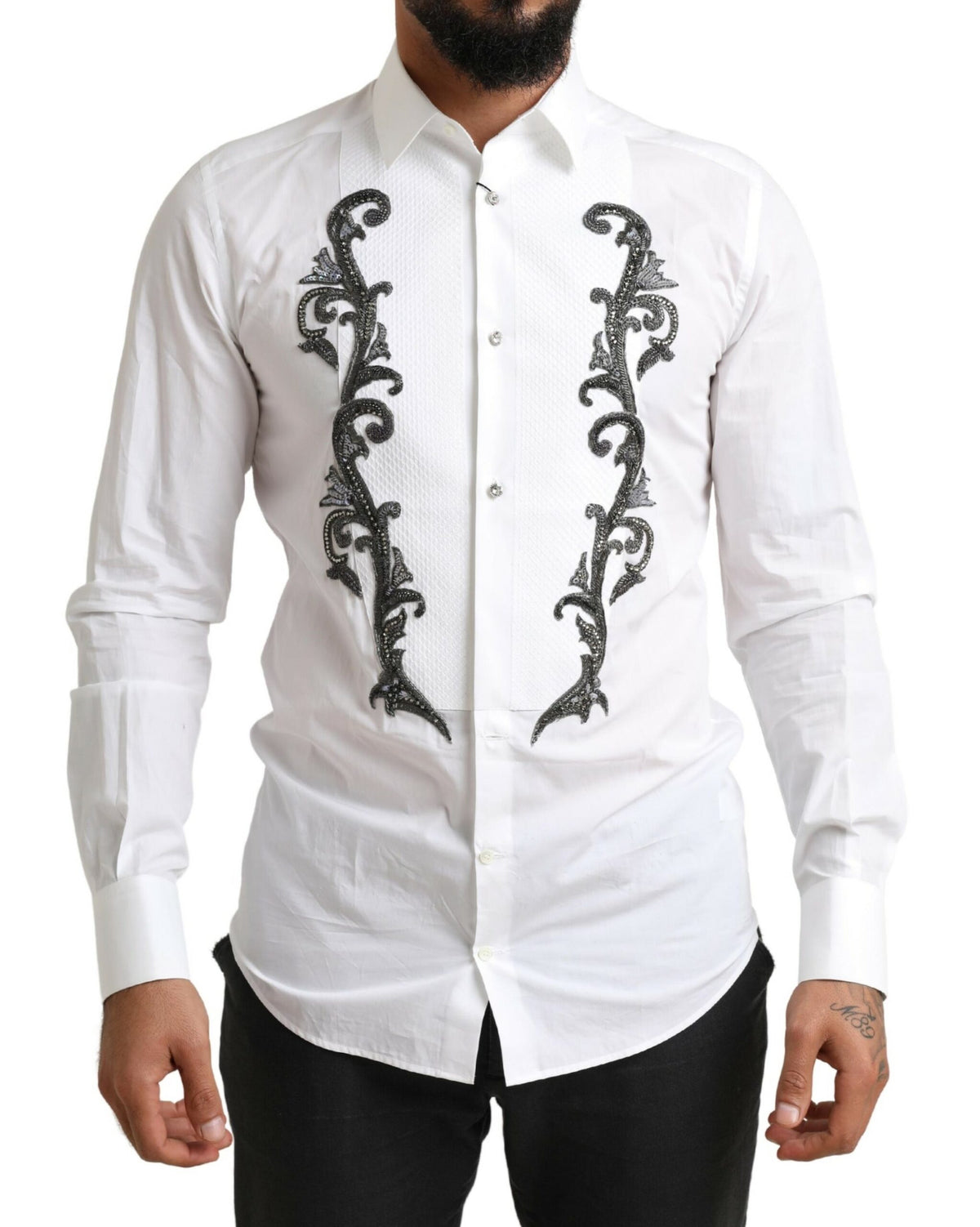 Chemise blanche à manches longues, coupe ajustée, style baroque, de Dolce &amp; Gabbana.