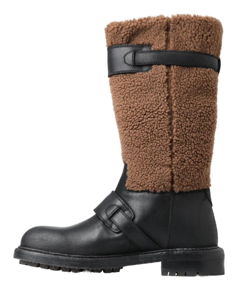 Dolce & Gabbana Black Leather and Brown Shearling Boots