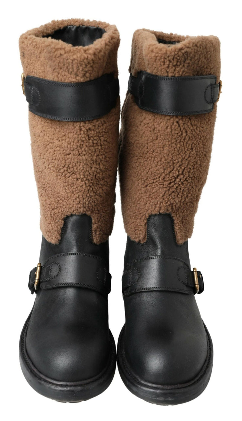 Dolce & Gabbana Black Leather and Brown Shearling Boots