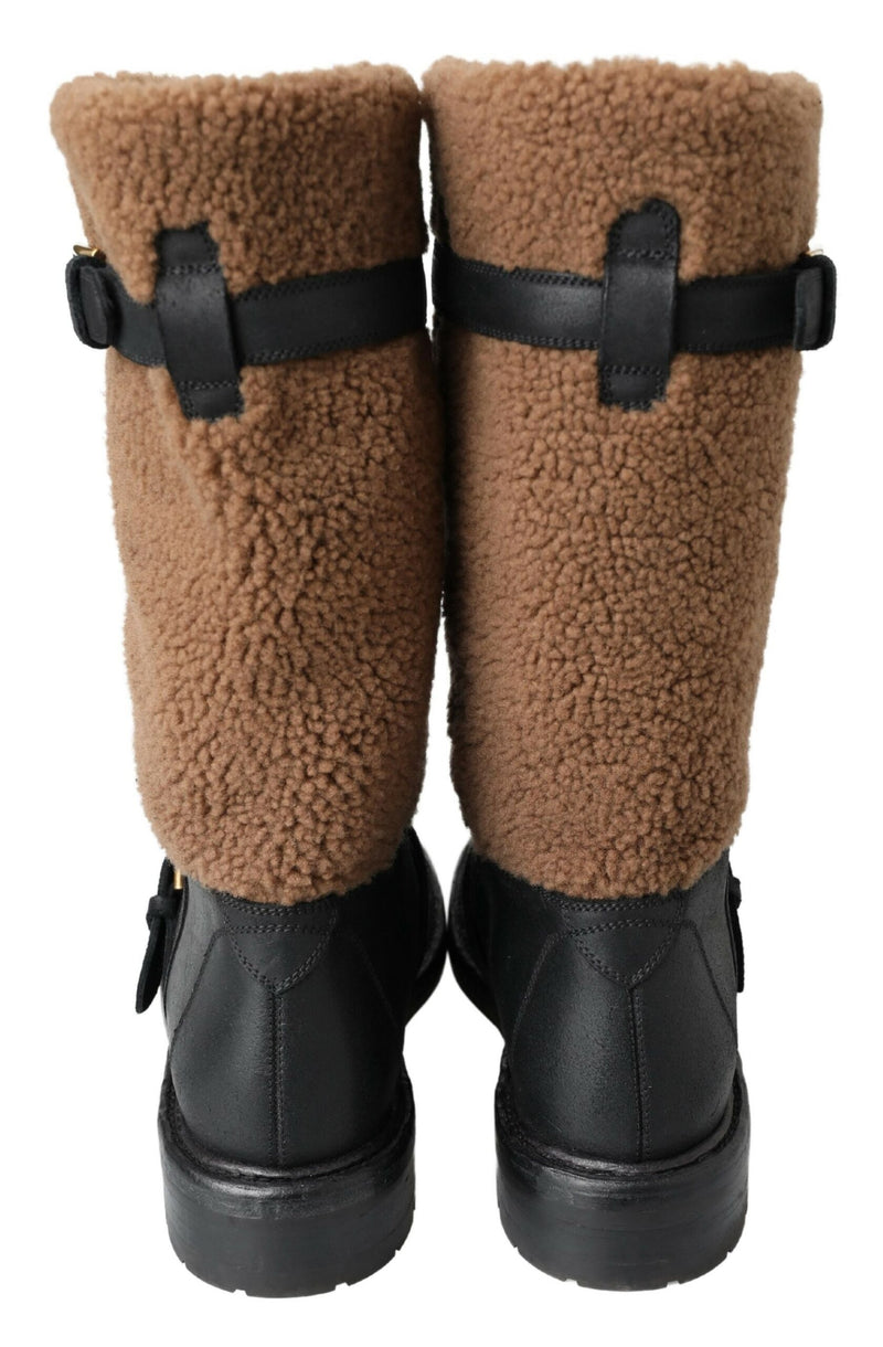 Dolce & Gabbana Black Leather and Brown Shearling Boots
