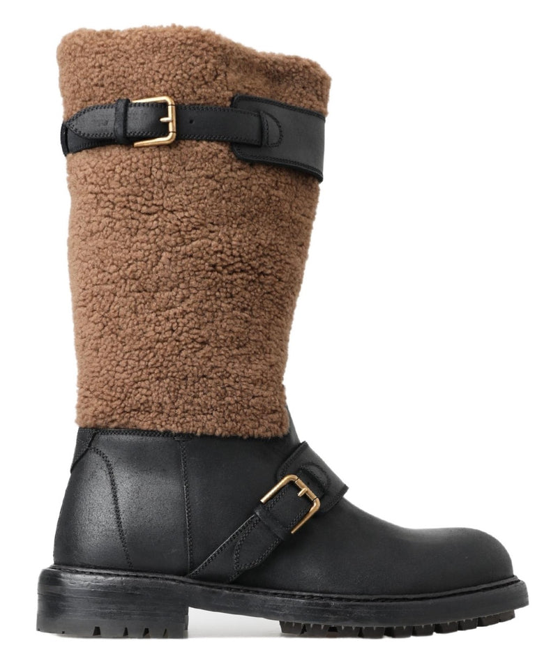Dolce & Gabbana Black Leather and Brown Shearling Boots