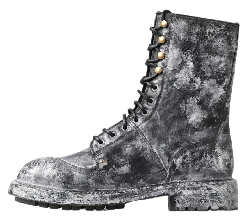 Dolce & Gabbana Black Gray Leather Mid Calf Boots