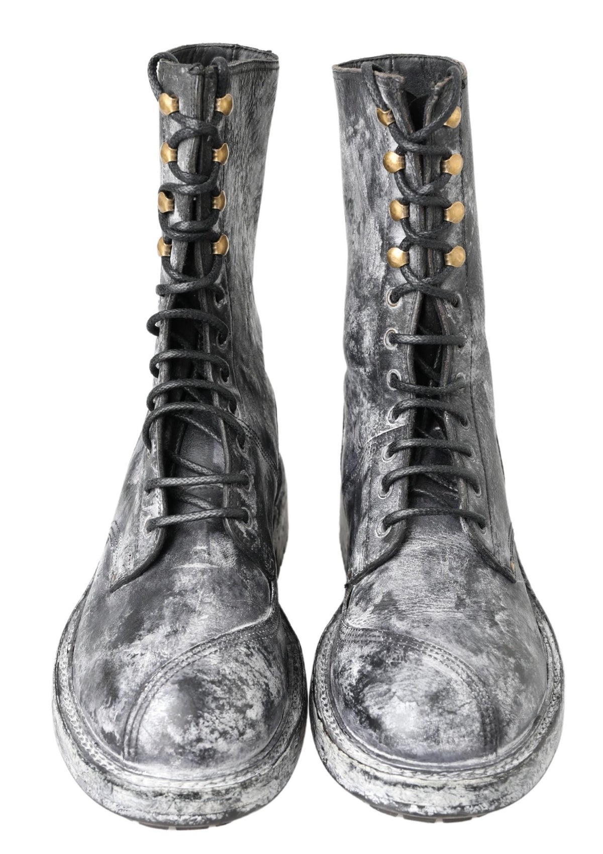 Dolce & Gabbana Black Gray Leather Mid Calf Boots